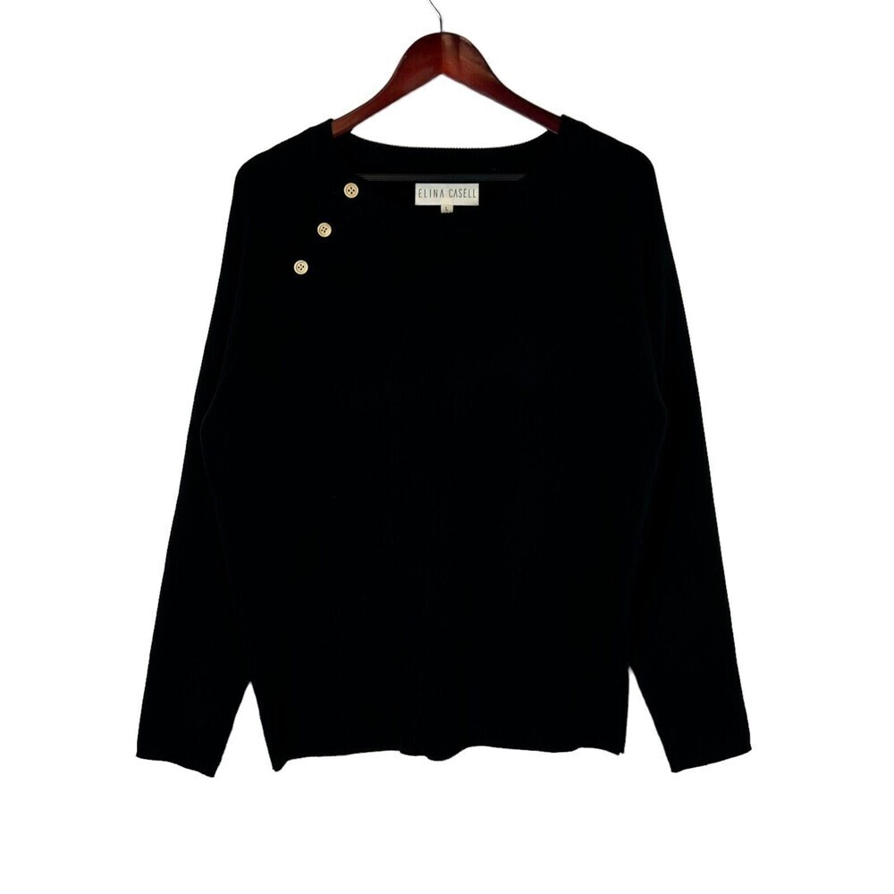 NEW ELINA CASELL size Large black Knit Cotton pullover Sweater 3-button detail